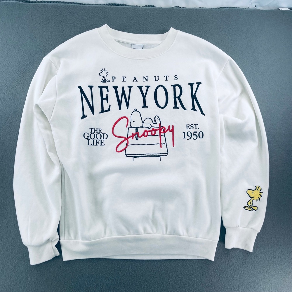 Peanuts Men Sweatshirt Cotton Blend Ivory Medium Snoopy New York‎ Graphic Retro